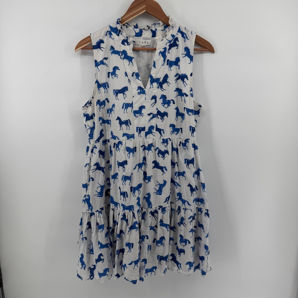 THML Horse Print Dress Women Medium White Blue Tiered Ruffle Neck Western Boho